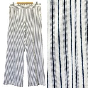 Worth New York High Rise Wide Split Leg Trousers Ivory Black Gray Stripe Size 12
